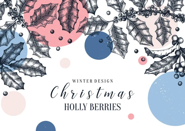 Kerstkaart of uitnodiging trendy design. Groenblijvende Holly boom — Stockvector