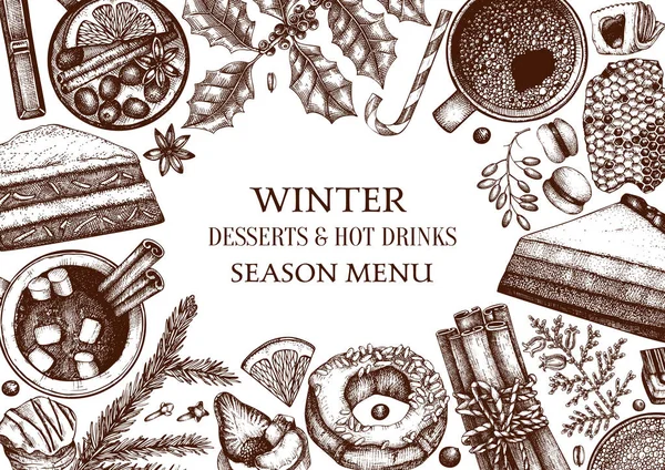 Winter desserts en warme seizoensgebonden drankjes ontwerp. Glühwein, heet — Stockvector