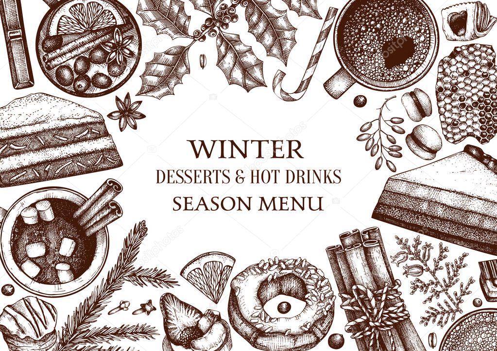 Winter desserts and hot seasonal drinks design. Mulled wine, hot