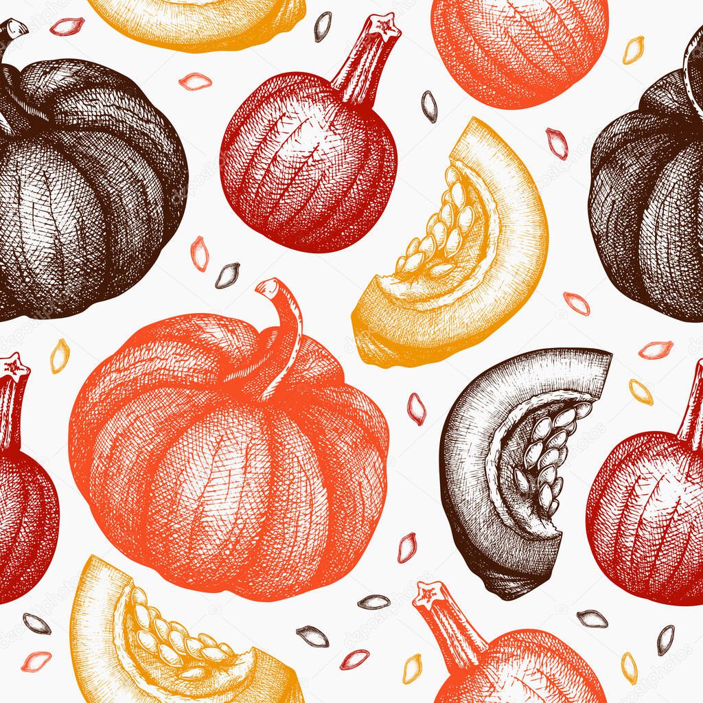 Seamless pattern with hand drawn Pumpkins. Thanksgiving design i