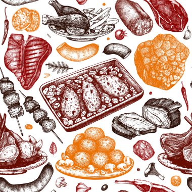 Et tabakları kusursuz desenli. Elle çizilmiş yemek çizimi. Et.