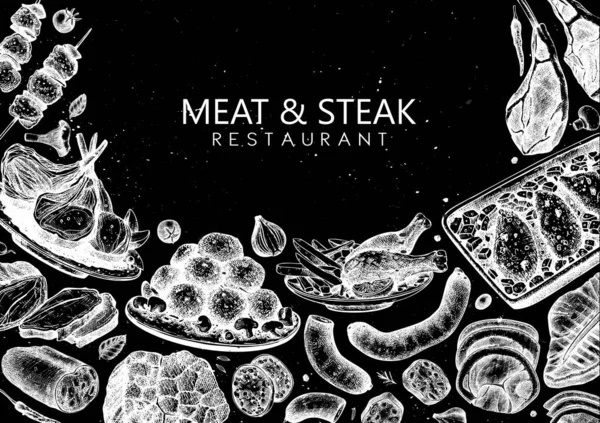 Κρέας πιάτα top view σχεδιασμό. Χειροποίητη απεικόνιση τροφίμων. Κρέας — Διανυσματικό Αρχείο