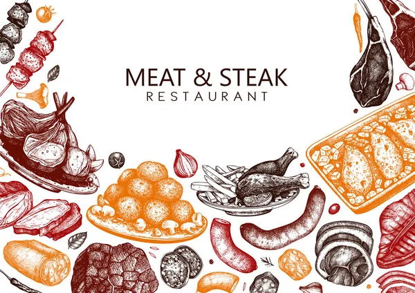 Konstrukcja wektora mięsa i steku. Ręcznie rysowane ilustracje żywności. Mięso — Wektor stockowy