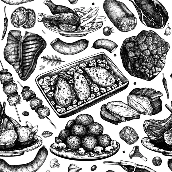 Et tabakları kusursuz desenli. Elle çizilmiş yemek çizimi. Et.