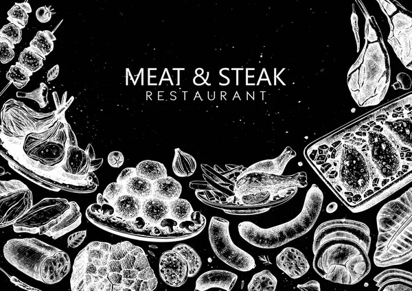 Σχεδιασμός φορέα κρέατος και μπριζόλας. Χειροποίητες απεικονίσεις τροφίμων. Μι. — Διανυσματικό Αρχείο