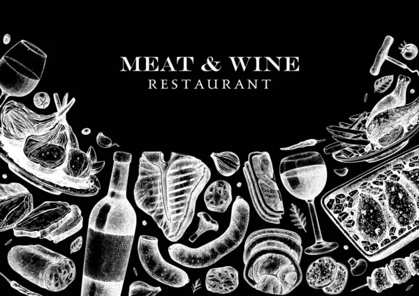 Vlees en wijn vector ontwerp. Met de hand getrokken levensmiddelen en alcoholische dranken — Stockvector