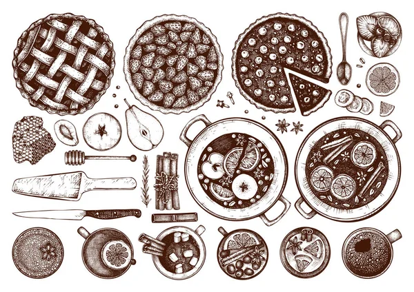 Colección de bebidas calientes, pasteles caseros y bocetos de postres. Wint. — Vector de stock