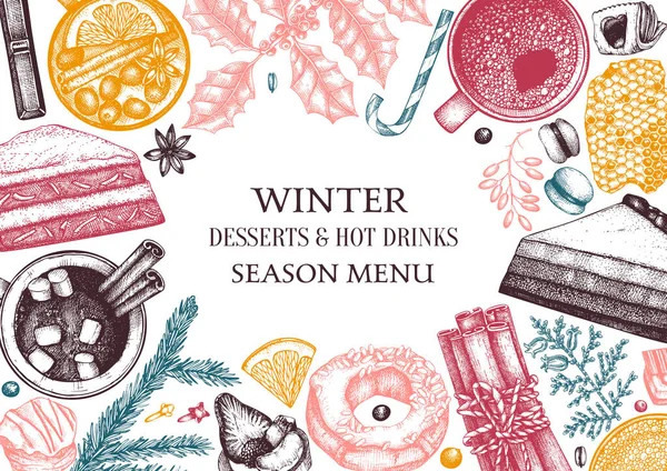 Winter desserts en warme seizoensgebonden drankjes ontwerp. Glühwein, heet — Stockvector