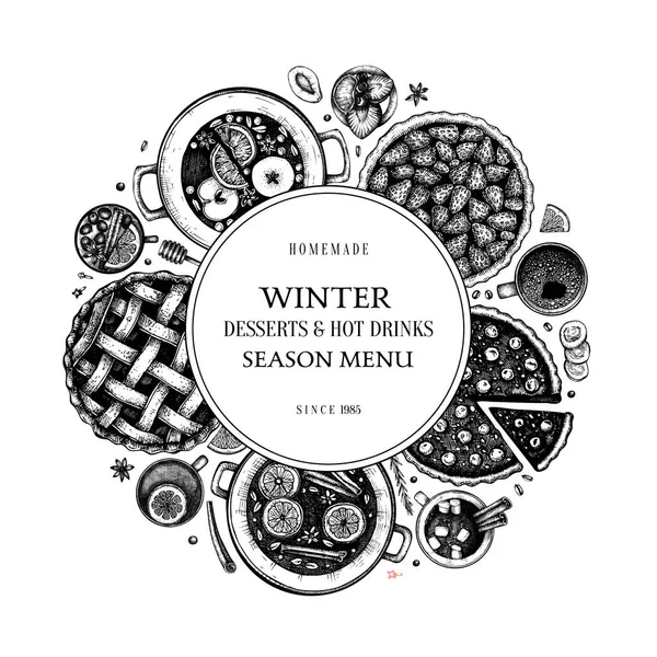 Hot drinks, homemade pies and desserts wreath template. Winter f — Stock Vector