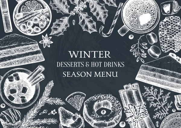 Winter desserts and hot seasonal drinks design. Mulled wine, hot — Stock Vector