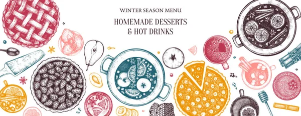 Bebidas quentes, tortas caseiras e design de sobremesas. Comida de inverno e d — Vetor de Stock