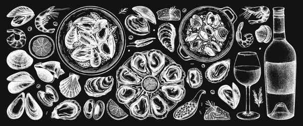 Sammlung Von Meeresfrüchten Und Wein Illustrationen Auf Kreidetafel Handgezeichnete Schalentiere — Stockvektor