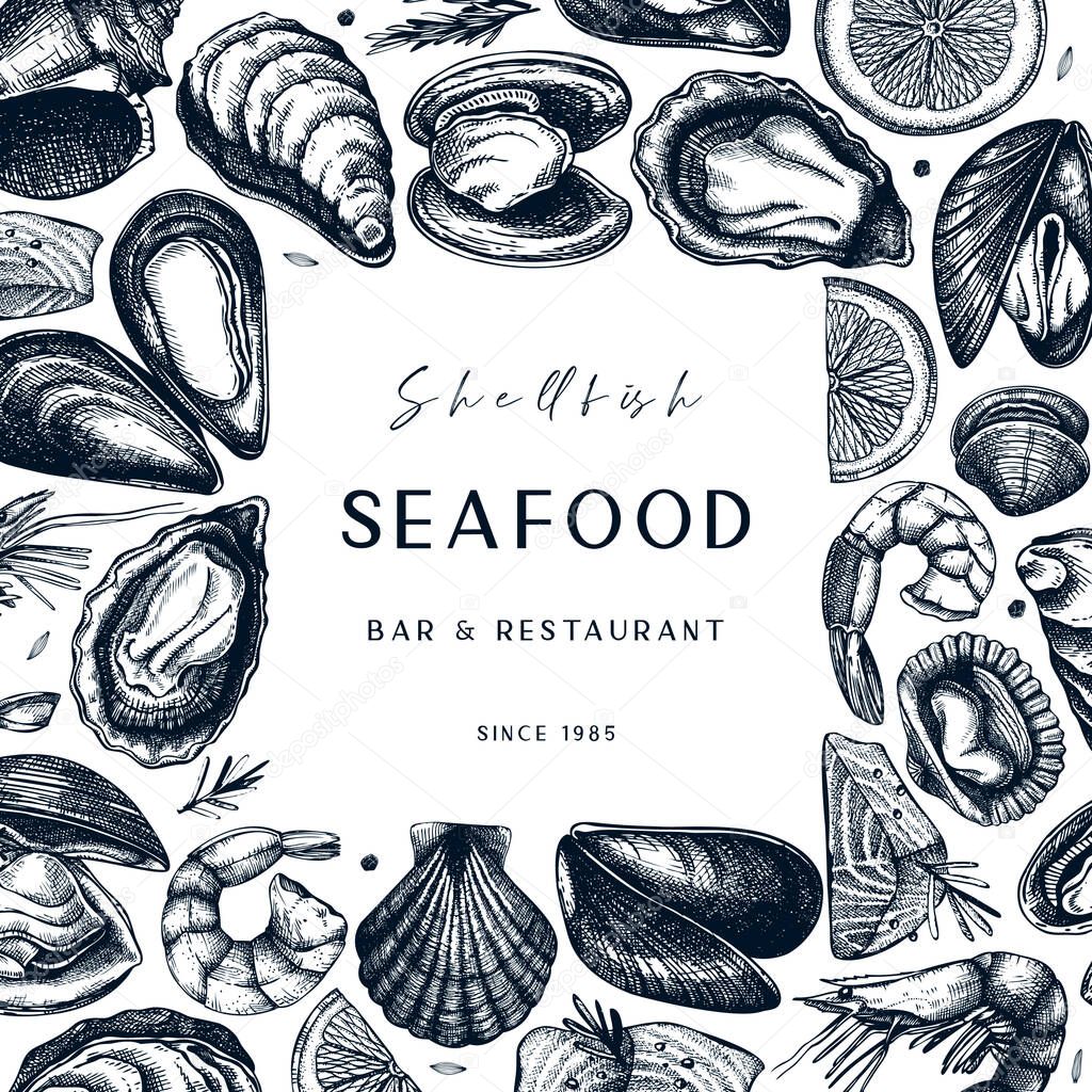 Hand sketches seafood frame design. Vector fresh fish, oyster, mussel, shrimps and caviar sketches. Hand drawing. Vintage flyer with restaurant delicacy food illustrations. Shellfish menu template.