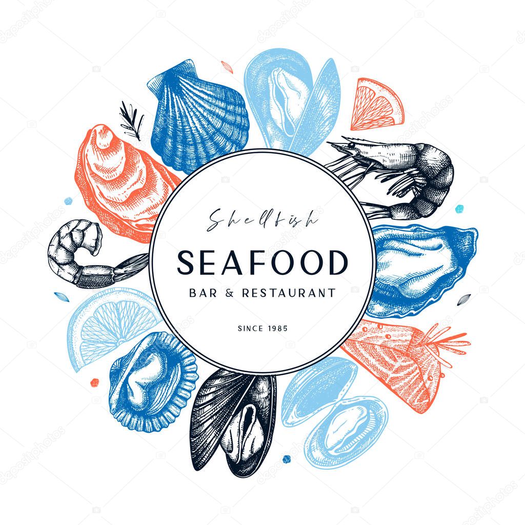 Hand drawn seafood design. Shellfish frame on chalkboard. Selfish - mollusks, shrimps, fish sketches. Perfect for recipe, menu,  delivery, packaging. Vintage mussels and oysters background. 