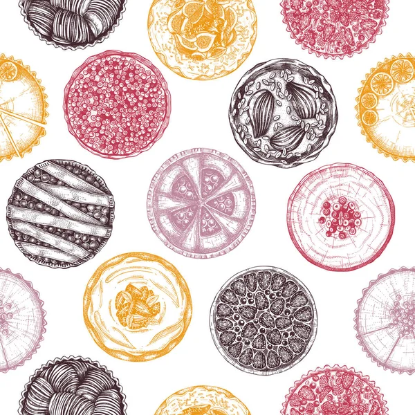 Fruit Berry Baking Cakes Seamless Pattern Hand Drawn Desserts Backdrop — Stock Vector