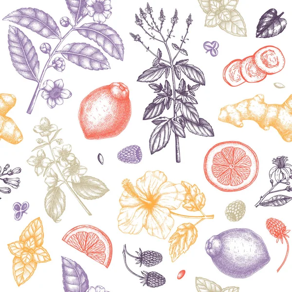 草药茶无缝图案 手绘水果 树叶背景 矢量植物图解 完美的配方 陈酿香草 树叶和水果搭配 — 图库矢量图片