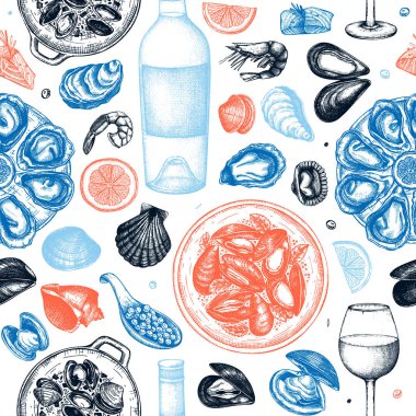 Deniz ürünleri ve şarap örnekleri kusursuz. El yapımı kabuklu deniz hayvanları, midye, istiridye, karides, havyar, balık kroki. Yemek tarifi, menü, teslimat, ambalaj için mükemmel. Akdeniz mutfağının arka planı