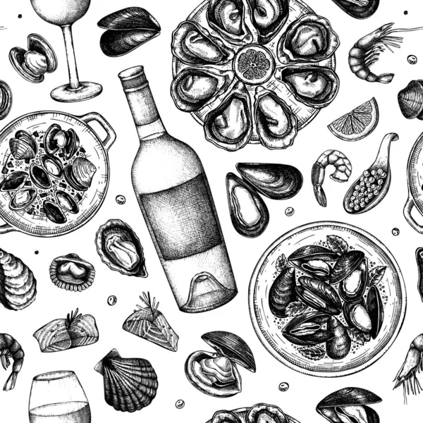 Seafood Wine Illustrations Seamless Pattern Hand Drawn Shellfish Mussels Oyster — Stock Vector