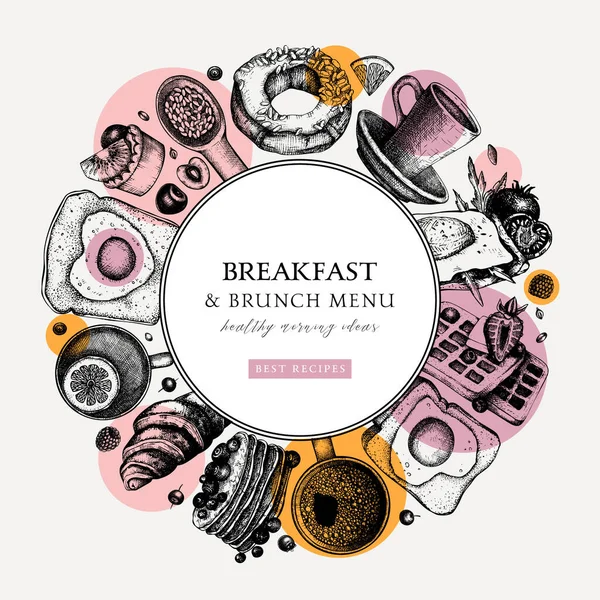 朝食トレンディーな花輪のデザイン 朝の食べ物や飲み物のフレーム抽象的かつ幾何学的な要素 朝食とブランチスケッチ レシピ メニュー パッケージに最適です ヴィンテージフード モダンな背景 — ストックベクタ