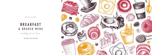 早餐横幅设计 晨间食物和热饮菜单向量模板 早餐和早午餐的背景 古老的手绘食物草图 雕刻式早餐模板 — 图库矢量图片