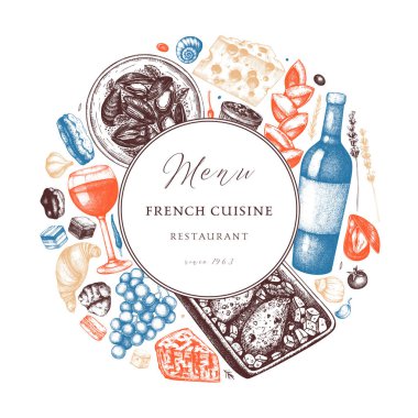 El yapımı Fransız mutfak çelengi tasarımı. Yemek ve içeceklerin modaya uygun bir geçmişi var. Yemek tarifi, menü, etiket, ikon, ambalaj için mükemmel. Klasik Fransız yemekleri ve içecek kalıpları. Restoran çizimi
