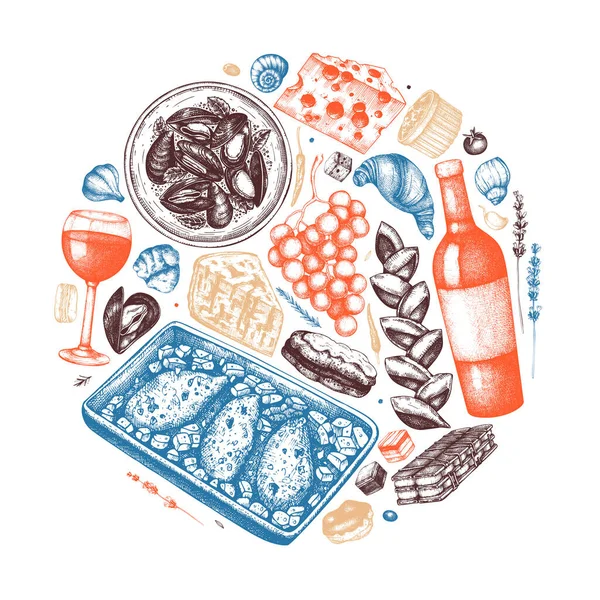 Hand sketched french food and drinks illustration. French cuisine trendy composition. Perfect for recipe, menu, label, icon, packaging. Vintage food and beverages template. Restaurant illustration