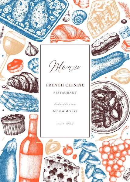 Modèle Dépliant Pique Nique Cuisine Française Esquissé Main Délicatesse Nourriture — Image vectorielle