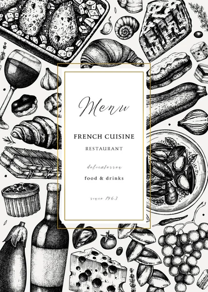 Plantilla Folleto Picnic Cocina Francesa Dibujada Mano Delicatessen Alimentos Bebidas — Archivo Imágenes Vectoriales