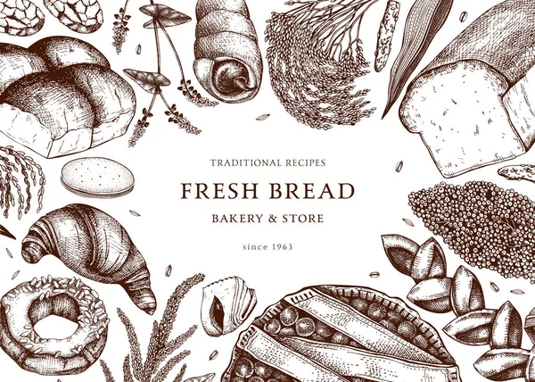 Bakery Frame Design Cakes Bread Pastries Cookies Brownies Hand Drawings — Stock Vector