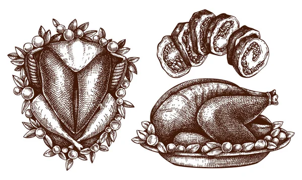 추수감사절에 요리에 칠면조와 스케치 추수감사절 식사로 디자인 — 스톡 벡터