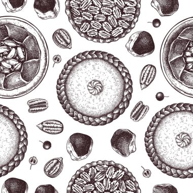 El çizimi tatlılar kusursuz desen. Geleneksel pasta ve turtalar Şükran Günü yemeği için klasik tarzda. Pasta çizimi yapıyorum. Üst görünüm sonbahar yemekleri arka planı