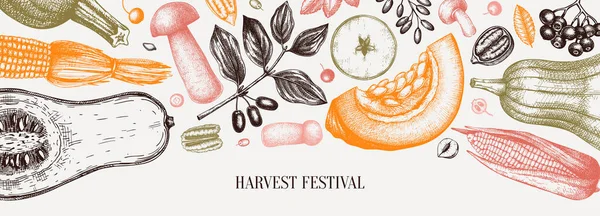 Erntedank Vektorbanner Herbsterntedankfest Vintage Design Herbst Saison Hintergrund Mit Handgezeichneten — Stockvektor