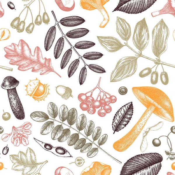 Hand Sketched Autumn Plants Seamless Pattern Vector Leaves Berries Mushrooms — Stock Vector