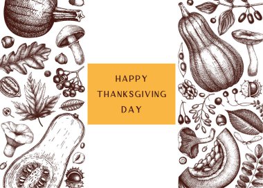 Elle çizilmiş sonbahar tasarımı renkli. Sonbahar yaprakları, balkabakları, böğürtlenler, tohumlar ve kuş çizimleriyle şık ve modaya uygun bir botanik şablonu. Davetiyeler, kartlar, el ilanları, menü, etiket, ambalaj için mükemmel. Antika hasat şablonu. Botanik ve gıda hastalığı.