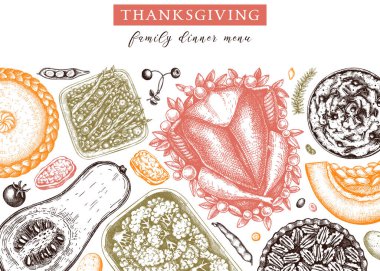 Şükran Günü menüsünün renkleri. Kızarmış hindi, pişmiş sebze, rulo et, kek ve pasta eskizleriyle. Klasik sonbahar yemekleri. Vektör Şükran Günü geçmişi.