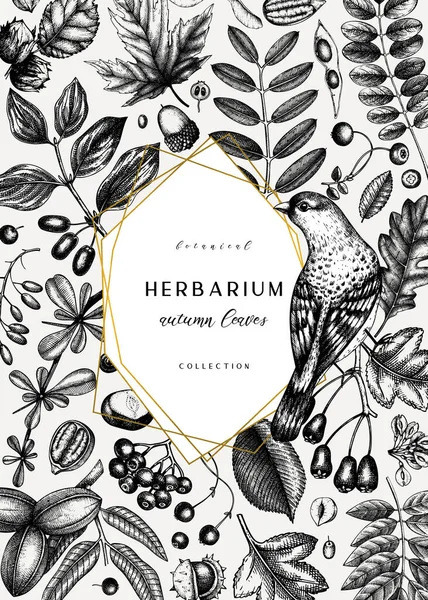 Handgeschetst Herfstkaart Ontwerp Elegante Botanische Sjabloon Met Herfstbladeren Bessen Zaden — Stockvector