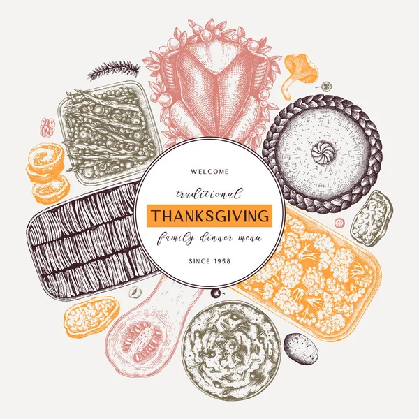 Thanksgiving Day Dinner Menü Rundes Design Farbe Mit Gebratenem Truthahn — Stockvektor