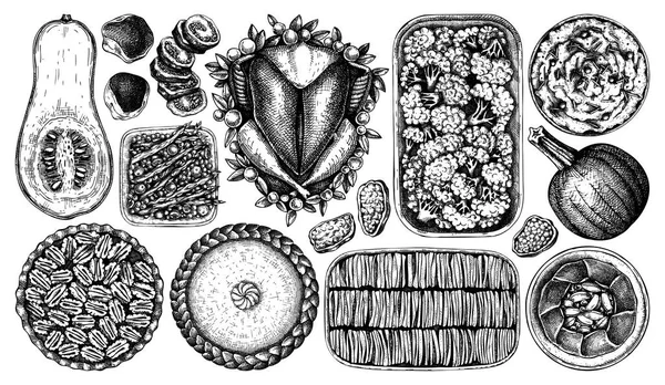 Ημέρα Των Ευχαριστιών Παραδοσιακά Πιάτα Εικονογράφηση Ψητή Γαλοπούλα Μαγειρεμένα Λαχανικά — Διανυσματικό Αρχείο