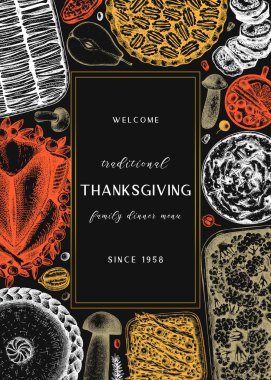 Tahtada Şükran Günü menüsü tasarımı. Kızarmış hindi, pişmiş sebze, rulo et, kek ve pasta eskizleriyle. Klasik sonbahar yemekleri. Vektör Şükran Günü geçmişi.