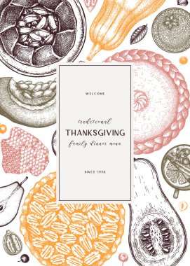 Şükran Günü tatlıları menü tasarımı. Elle çizilmiş tatlılar, elmalı, cevizli, kabaklı. Klasik bir Şükran Günü yemeği için geleneksel turtalar. En iyi sonbahar yemekleri arka planı. Ev tasarımında aşçılık