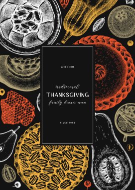 Şükran Günü tatlıları menü tasarımı. Elle çizilmiş tatlılar, elmalı, cevizli, kabaklı. Klasik bir Şükran Günü yemeği için geleneksel turtalar. En iyi sonbahar yemekleri arka planı. Ev tasarımında aşçılık