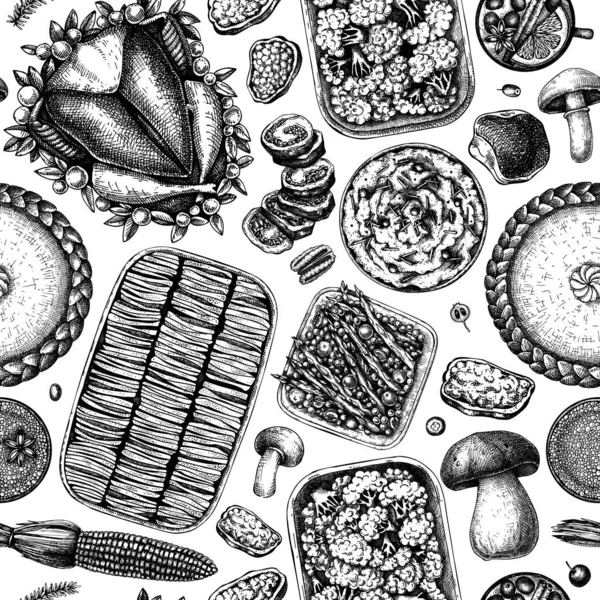 Şükran Günü masası pürüzsüz. Kızarmış hindi, graten, pişmiş sebze, kek ve turta eskizleri. Geleneksel Şükran Günü yemeği. Aile yemeği geçmişi. Eski arkaplan