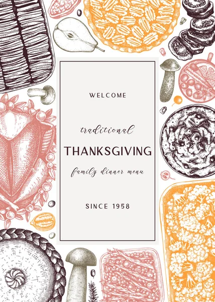Şükran Günü menüsünün renkleri. Kızarmış hindi, pişmiş sebze, rulo et, kek ve pasta eskizleriyle. Klasik sonbahar yemekleri. Vektör Şükran Günü geçmişi.