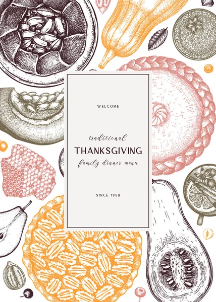 Şükran Günü tatlıları menü tasarımı. Elle çizilmiş tatlılar, elmalı, cevizli, kabaklı. Klasik bir Şükran Günü yemeği için geleneksel turtalar. En iyi sonbahar yemekleri arka planı. Ev tasarımında aşçılık