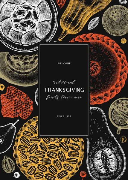 Şükran Günü tatlıları menü tasarımı. Elle çizilmiş tatlılar, elmalı, cevizli, kabaklı. Klasik bir Şükran Günü yemeği için geleneksel turtalar. En iyi sonbahar yemekleri arka planı. Ev tasarımında aşçılık