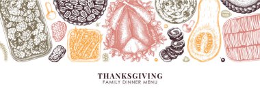 Şükran Günü için renkli pankart tasarımı. Kızarmış hindi, pişmiş sebze, rulo et, kek ve pasta eskizleriyle. Klasik sonbahar yemek şablonu. Vektör Şükran Günü geçmişi.