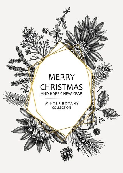クリスマスグリーティングカードや招待状のデザイン 金色の箔の要素 手でベクトルフレームは 冬の花 針葉樹や常緑植物をスケッチ ヴィンテージ植物の背景 クリスマステンプレート — ストックベクタ