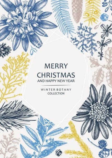 Kerstkaart Uitnodiging Ontwerp Kleur Vectorframe Met Handgetekende Winterbloemen Naaldbomen Groenblijvende — Stockvector