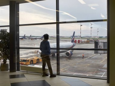 Adam havaalanındaki hava araçlarına bakmaktadır. Sheremetyevo Havaalanı, Rusya - Mayıs 2019