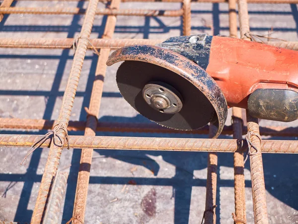 Angle Grinder Reinforcement Framework Concrete Slab — Stock Photo, Image